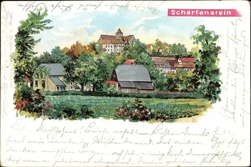 Litho Scharfenstein Drebach im Erzgebirge Sachsen, Teilansicht vom Ort