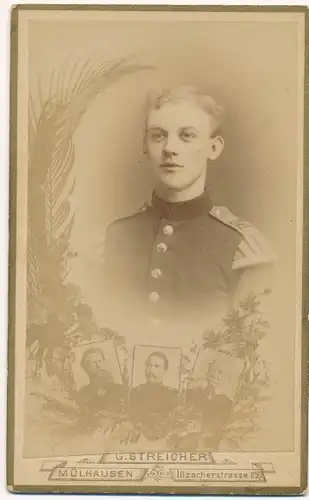 Kabinett Foto Junger Soldat mit Uniform, Schulterklappe, Fotograf G. Streicher Mülhausen im Elsass