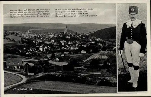 Ak Schneeberg im Erzgebirge, Blick auf Ortschaft und Umgebung, Bergmann in Paradeuniform