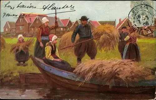 Künstler Ak Gerstenhauer, Johann, Bauern verladen Boot mit Stroh