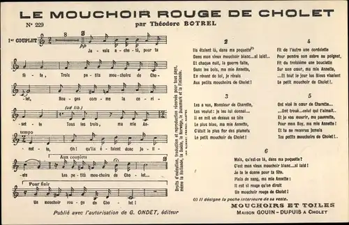 Lied Ak Le Mouchoir Rouge de Cholet, Theodore Botrel