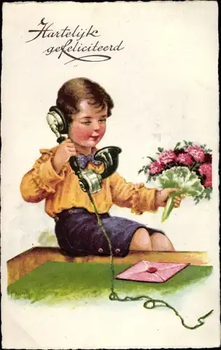 Ak Glückwunsch Geburtstag, Kind mit Blumenstrauß, Telefon