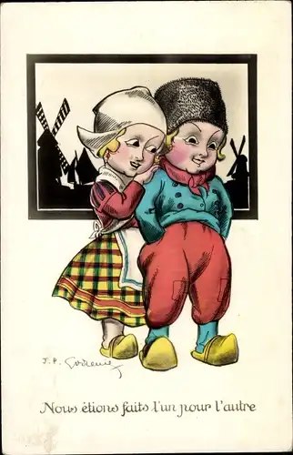 Künstler Ak Junge und Mädchen in niederländischen Trachten, Windmühlen