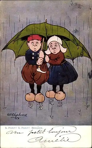 Künstler Ak Il Pleut, Bergere, Paar in niederländischen Trachten mit Regenschirm