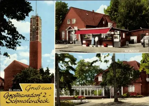 Ak Schmalenbeck Großhansdorf in Schleswig Holstein, Am Bahnhof, Freizeitheim, Ev. Kirche