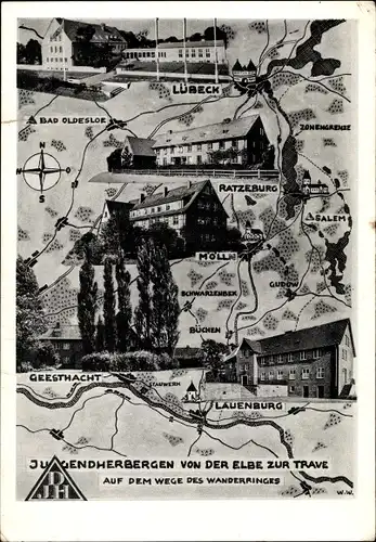 Landkarten Ak Lauenburg an der Elbe, Jugendherberge von der Elb zur Trave, Lübeck, Mölln, Geesthacht