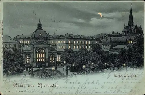 Mondschein Ak  Wiesbaden in Hessen, Kochbrunnenplatz