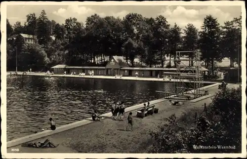 Ak Warmbad Wolkenstein in Sachsen, Schwimmbad, Sprungturm