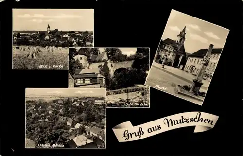 Ak Mutzschen Grimma in Sachsen, Schloßbrücke, Ortsteil Böhlitz, Marktplatz, Kirche