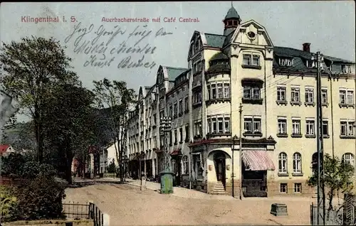 Ak Klingenthal im Vogtland Sachsen, Auerbacher Straße mit Café Central