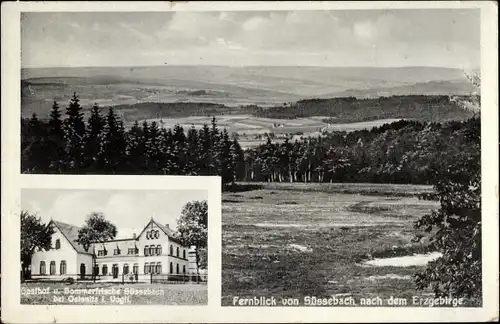 Ak Süßebach Oelsnitz im Vogtland, Gasthof, Fernblick nach dem Erzgebirge