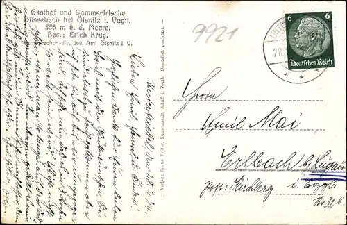 Ak Süßebach Oelsnitz im Vogtland, Gasthof, Fernblick nach dem Erzgebirge