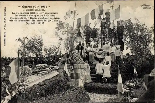 Ak Gerbéviller Lothringen Meurthe et Moselle, La cite celebre le 1er anniversaire des combats