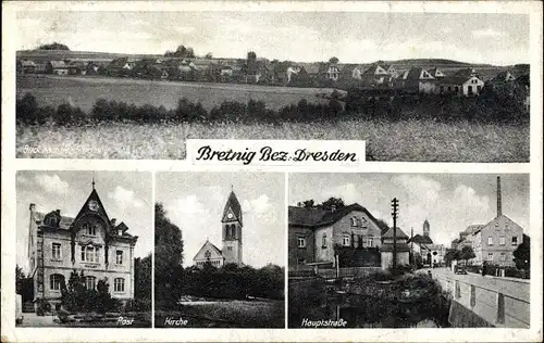 Ak Bretnig Hauswalde Großröhrsdorf in Sachsen, Gesamtansicht, Post, Kirche, Hauptstraße