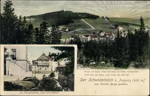 Ak Pulsnitz Sachsen, Der Schwedenstein vom Ohorner Berg gesehen, Turm und Lusthaus