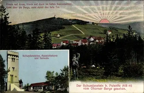 Ak Pulsnitz Sachsen,  Der Schwedenstein vom Ohorner Berg gesehen, Aussichtsturm und Veranda