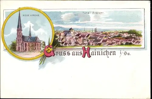 Litho Hainichen in Sachsen, Gesamtansicht, Neue Kirche