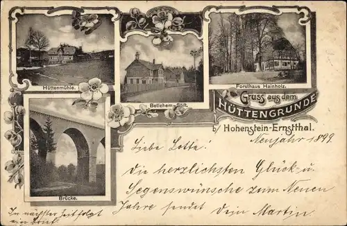 Ak Hohenstein Ernstthal in Sachsen, Gruß aus dem Hüttengrunde, Hüttenmühle, Brücke, Forsthaus