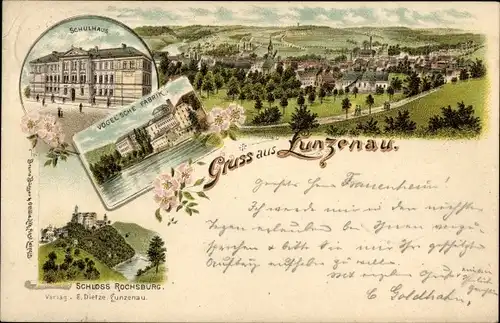 Litho Lunzenau in Sachsen, Gesamtansicht, Schule, Vogel'sche Fabrik, Schloss Rochsburg