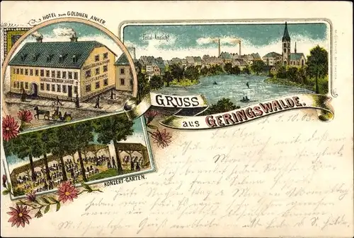 Litho Geringswalde Sachsen, Gesamtansicht, Hotel zum Goldenen Anker, Konzertgarten