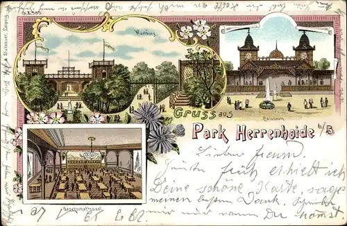 Litho Herrenhaide Burgstädt in Sachsen, Gruß aus Park Herrenhaide