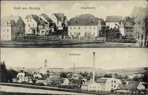 Ak Bretnig Hauswalde Großröhrsdorf in Sachsen, Teilansicht, Ehrgottstraße, Mitteldorf mit Kirche