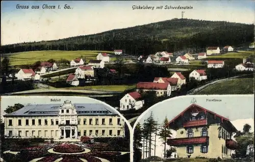 Ak Ohorn in Sachsen, Gesamtansicht, Gickelsberg mit Schwedenstein, Schloß, Forsthaus