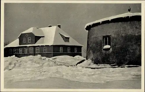 Ak Obersteina Steina Sachsen, Gasthaus und Bäckerei zur Windmühle im Winter, Besitzer R. Heber