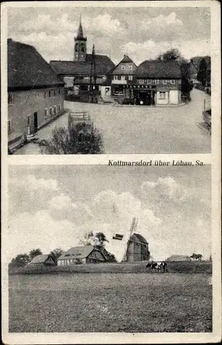 Ak Kottmarsdorf Kottmar in der Oberlausitz, Straßenpartie mit Kirche, Windmühle