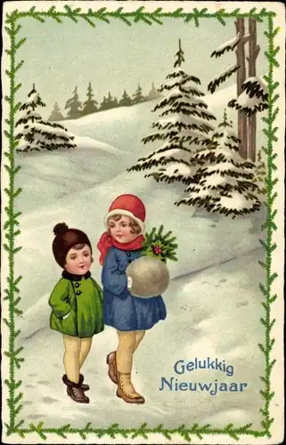 Ak Glückwunsch Neujahr, Junge und Mädchen in einer Winterlandschaft
