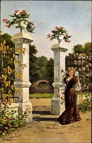 Künstler Ak Gerstenhauer, Johann, Junge Frau am Park-Eingang