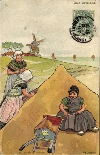 Künstler Ak Melchers, Zuid Beveland Zeeland Niederlande, Mädchen in niederländischen Trachten