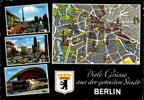 Stadtplan Ak Berlin Mitte, Funkturm, Kongresshalle, Gedächtniskirche, Sehenswürdigkeiten