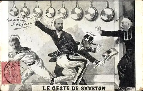 Künstler Ak Le Geste de Syveton, General André, Gabriel Syveton, Combes, Pelletan, Karikatur