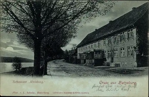 Mondschein Ak Ratzeburg im Herzogtum Lauenburg, Restaurant Weinberg bei Nacht
