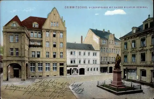 Ak Crimmitschau in Sachsen, Silberstraße mit Kaiser Wilhelm Denkmal, Z 2313