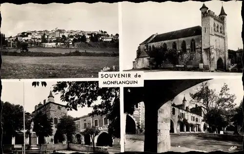 Ak Monflanquin Lot et Garonne, Vue generale, L'Eglise Saint Andre, La Maison du Prince Noir