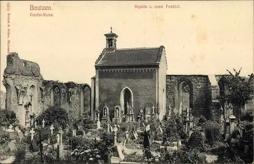 Ak Bautzen in der Lausitz, Kapelle und wendischer Friedhof, Nicolai Ruine