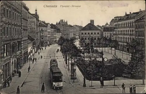 Ak Chemnitz Sachsen, Theaterstraße, Straßenbahn 205, Denkmal