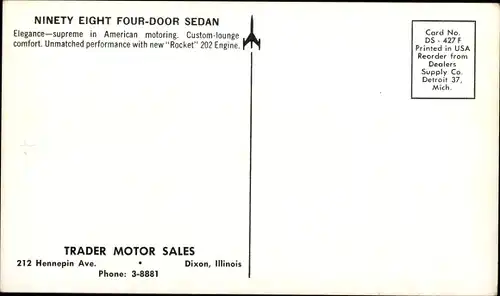 Ak 98 four door Sedan, Trader Motor Sales, Dixon Illinois, Reklame