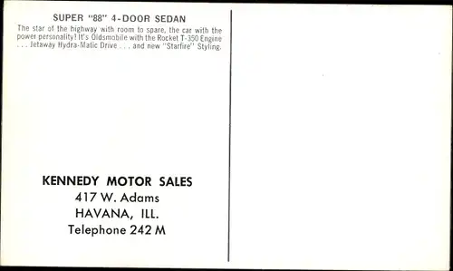 Ak Oldsmobile Super 88 4 door Sedan, Kennedy Motor Sales, Havana Illinois, Reklame