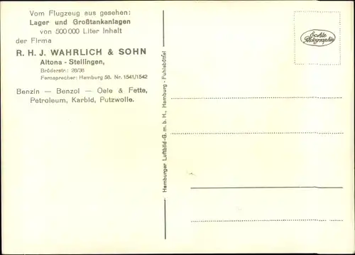 Ak Hamburg Altona, Lager und Großtankanlagen Firma R. H. J. Wahrlich und Sohn, Brüderstr. 28