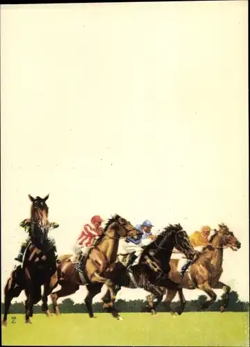 Künstler Ak Hohlwein, Ludwig, Hoppegarten, Vollblutpferde, Jockeys, Pferderennen