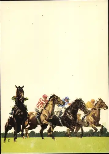 Künstler Ak Hohlwein, Ludwig, Hoppegarten, Vollblutpferde, Jockeys, Pferderennen