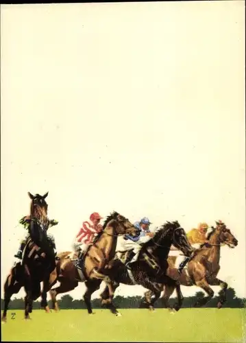 Künstler Ak Hohlwein, Ludwig, Hoppegarten, Vollblutpferde, Jockeys, Pferderennen