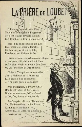 Künstler Ak La Priere de Loubet, Gedicht, O Pere, qu'adorait mon Pere, Mann im schwarzen Anzug