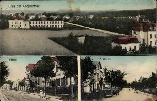 Ak Großhartau in Sachsen, Teilansichten, Post, Bahnhof, Straßenpartie