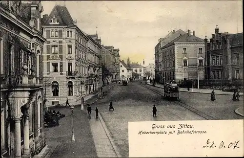 Ak Zittau in der Oberlausitz, Haberkornplatz mit Bahnhofstraße, Postamt