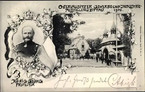 Ak Zittau in Sachsen, Oberlausitzer Gewerbe-u. Industrieausstellung 1902, Portal, Bild König Georg