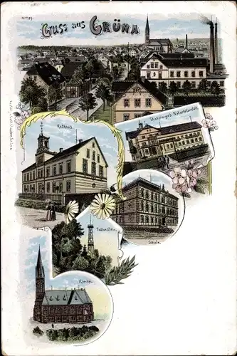 Litho Grüna Chemnitz Sachsen, Rathaus, Kirche, Schule, Stahringers Naturheilanstalt,Totenstein